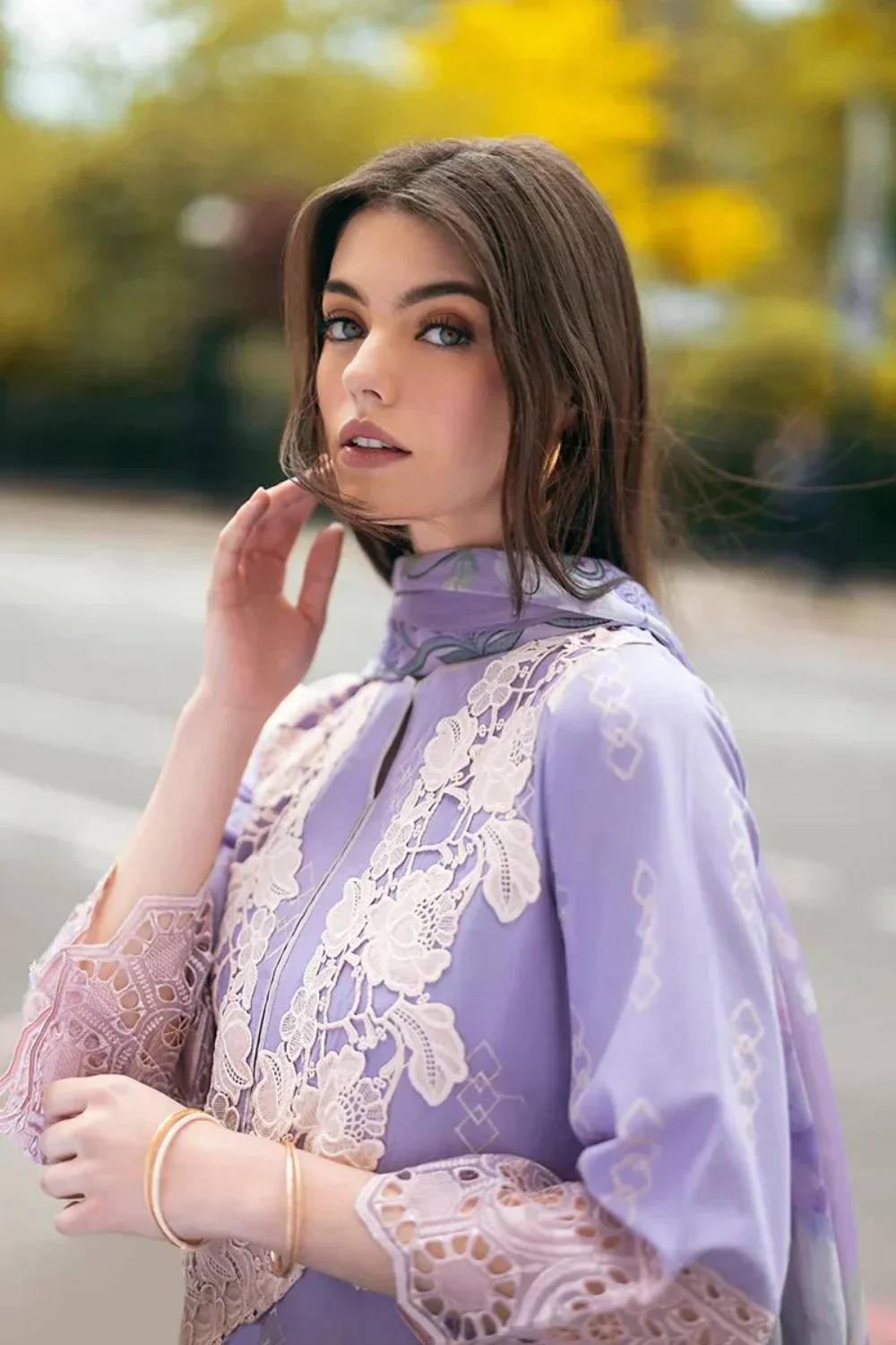 Mushq Hemline Odyssey Dhanak 3PC Chikankari Embroidered With Pashmina Wool Shawl-117 - Image 2