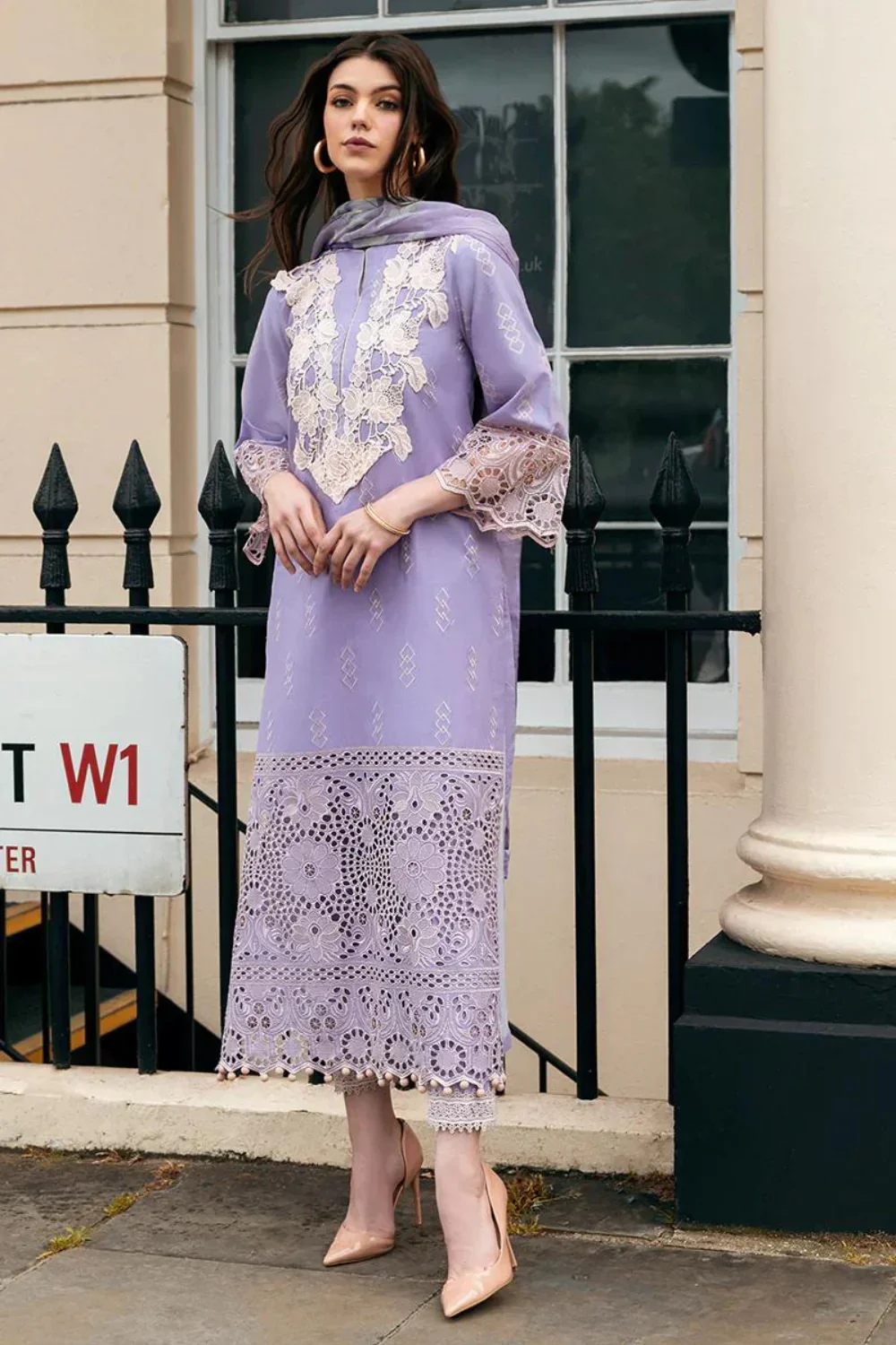 Mushq Hemline Odyssey Dhanak 3PC Chikankari Embroidered With Pashmina Wool Shawl-117 - Image 3