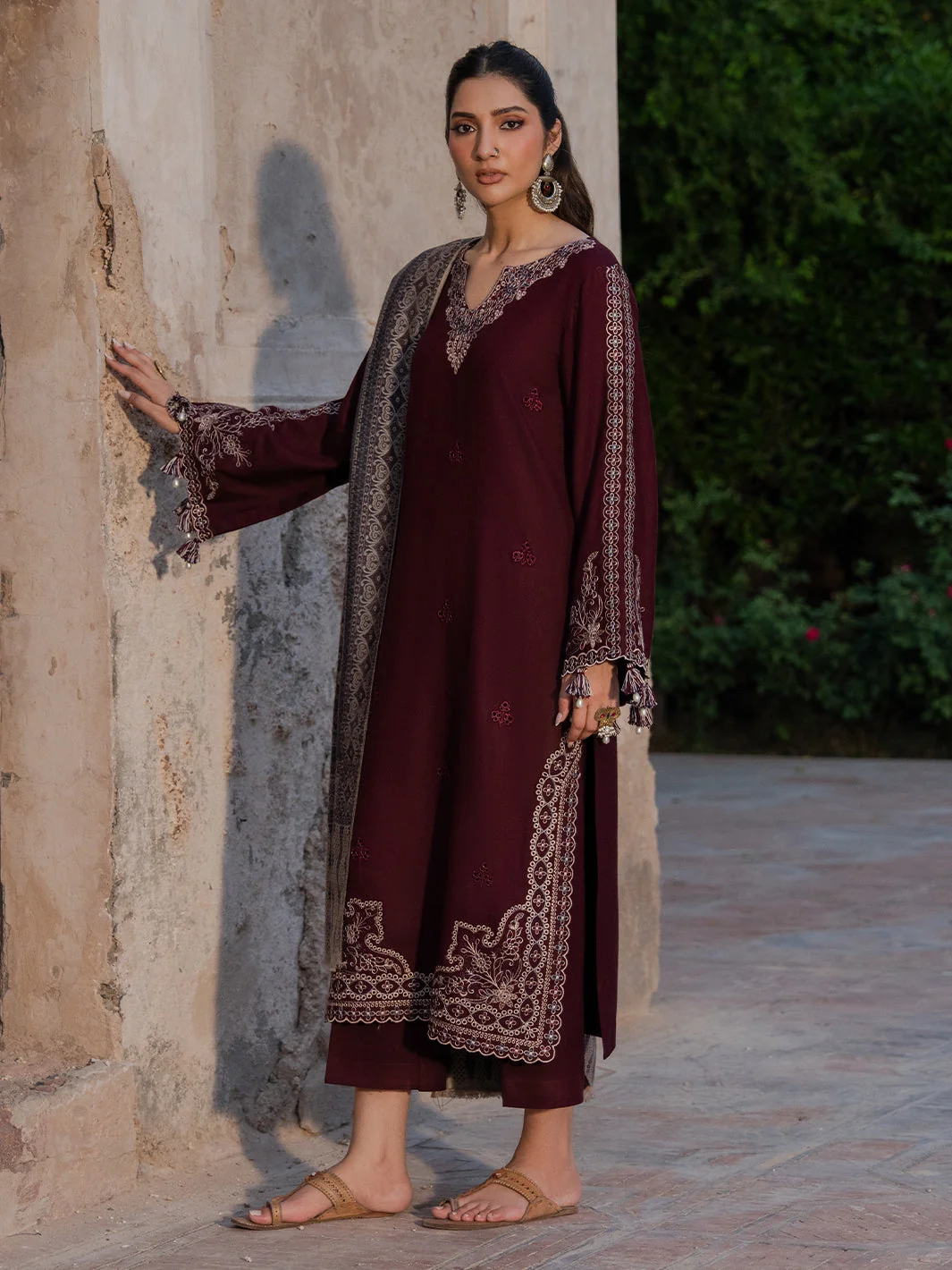 Dhanak-3PC Embroidered Shirt with Digital Printed Wool Shawl - 6047
