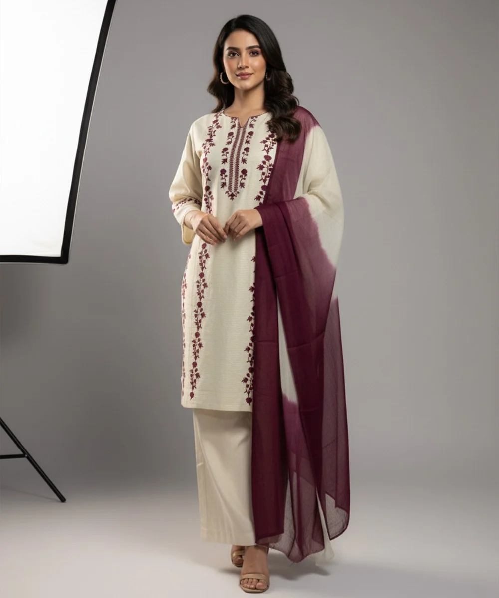 Dhanak-3PC Embroidered Shirt with Chiffon Tie and Dye Dupatta - 3509 - Image 3