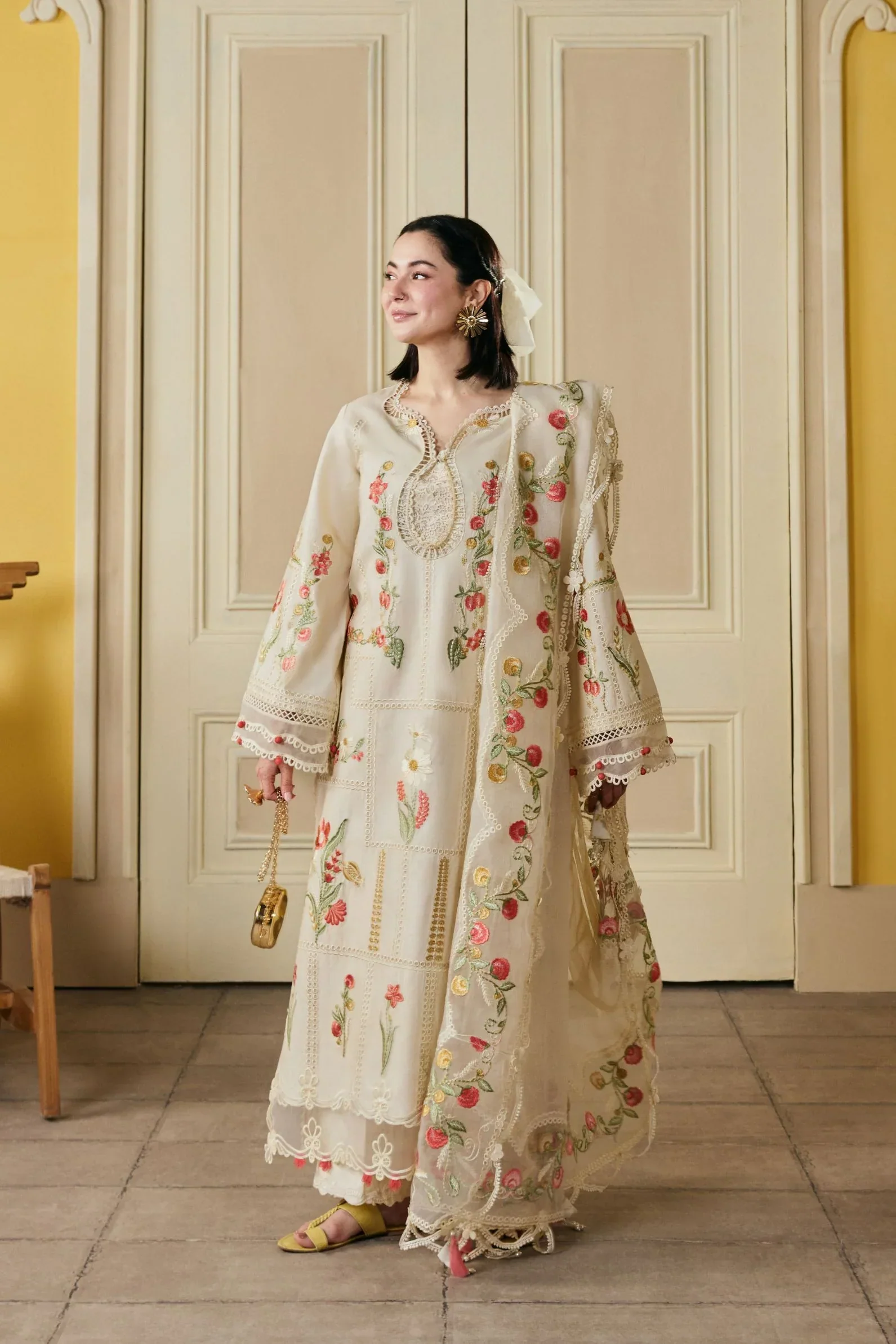 Dhanak-3PC Chikankari Embroidered Shirt with Khadi Net Embroidered Dupatta - 6389 - Image 7