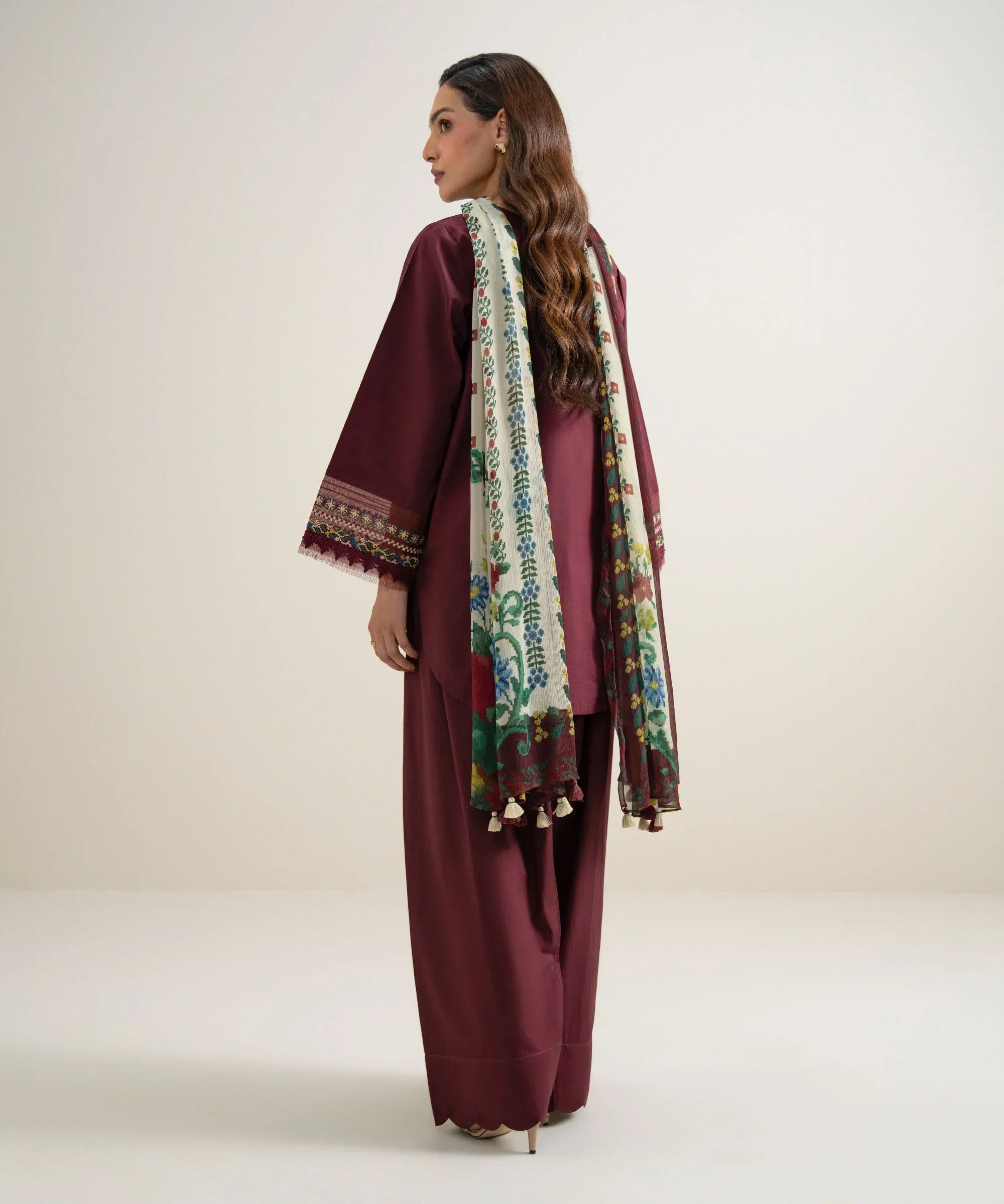 Dhanak-3PC Chikankari Embroidered Shirt with Digital Printed Shawl - 6457 - Image 5