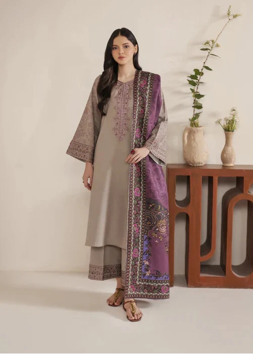 Dhanak-3PC Embroidered Shirt with Digital Printed Wool Shawl - 6444