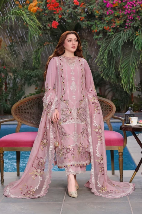 Dhanak-3PC Embroidered Shirt with Khadi Net Embroidered Dupatta – 6436