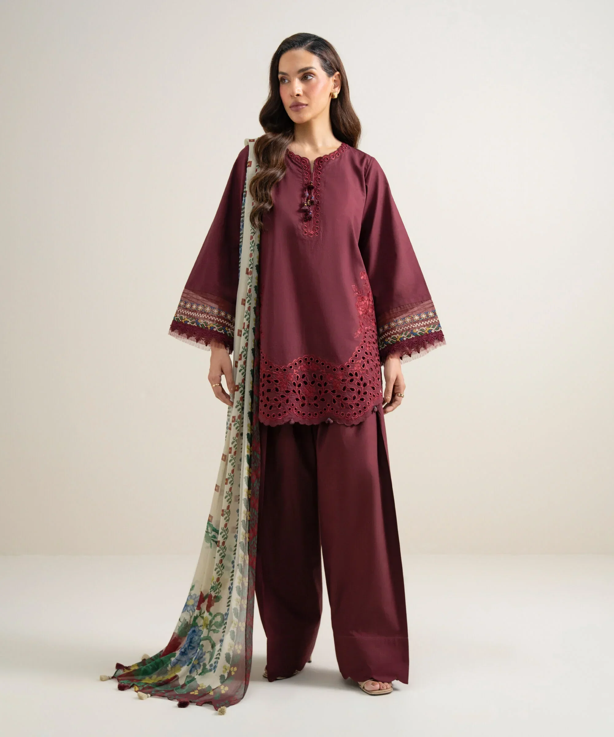 Dhanak-3PC Chikankari Embroidered Shirt with Digital Printed Shawl - 6457