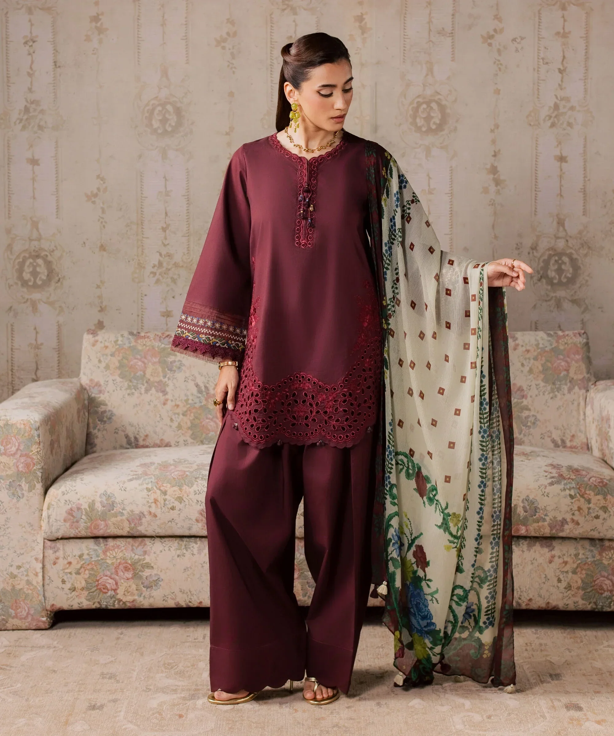 Dhanak-3PC Chikankari Embroidered Shirt with Digital Printed Shawl - 6457 - Image 3