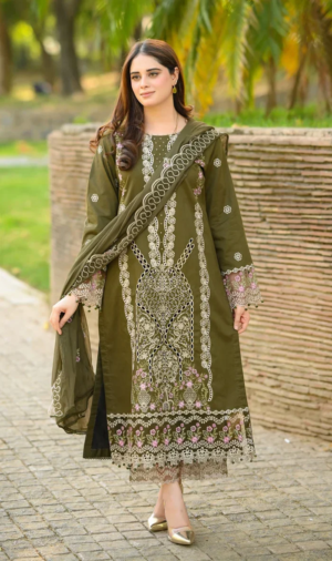 Dhanak-3PC Embroidered Shirt with Chiffon Embroidered Dupatta - 6449