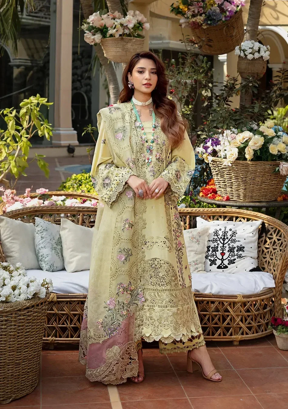 Dhanak-3PC Chikankari Embroidered Shirt with Khadi Net Embroidered Dupatta - 6302