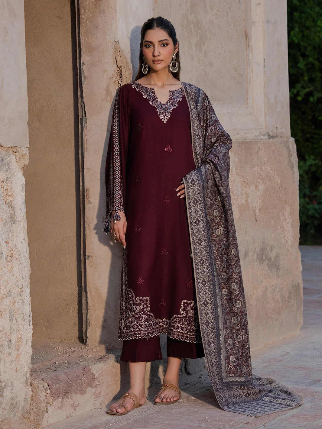 Dhanak-3PC Embroidered Shirt with Digital Printed Wool Shawl - 6047 - Image 5